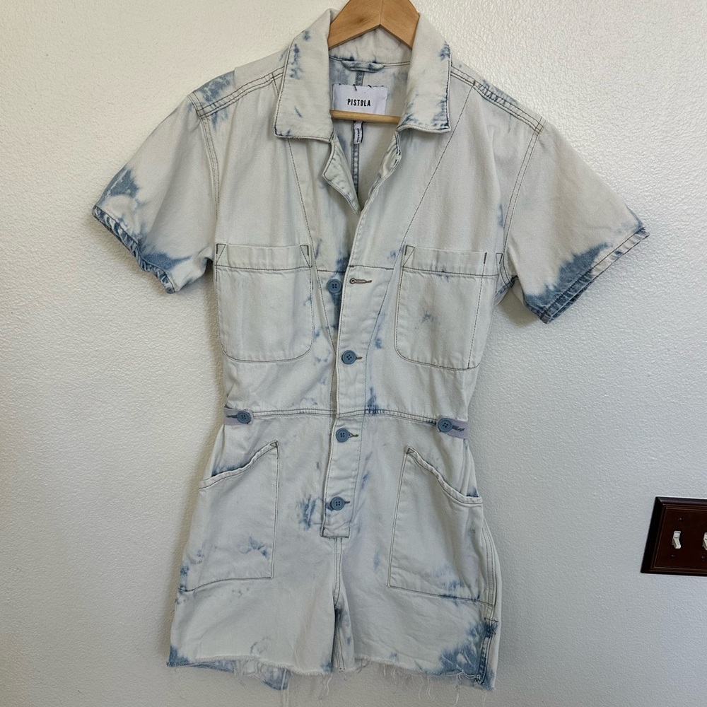 Pistola Light Wash Denim white and blue romper. Like new